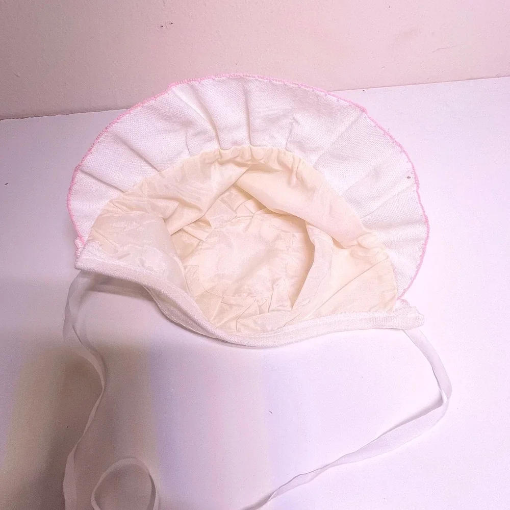 Infant Bonnet White‎ Pink Floral Embroidered Ruffle Lace Tie Vintage